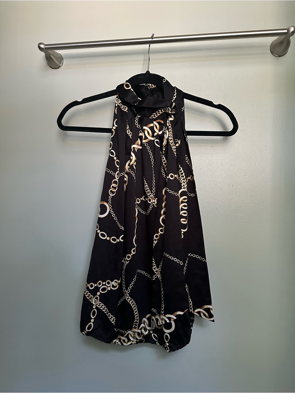 Lord & Taylor Black Halter Tank Top with Gold Chain Print